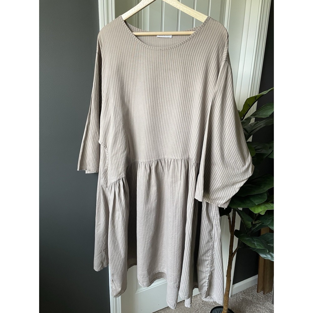 Italian Lagenlook Striped Linen Dress Made In Italy Boho Slouchy Pocket Smock OS